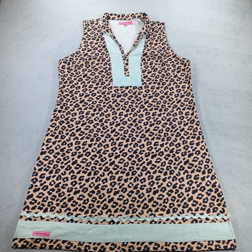 Simply Southern Women Leopard Print Dress XL Mint Trim Sleeveless Shift
